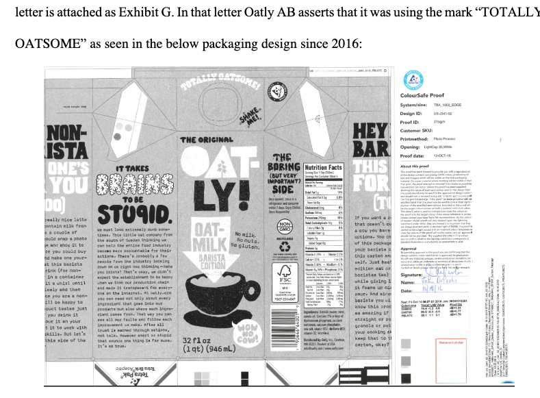 lexlanham's tweet photo. "totally oatsome" is extremely hard to find on images of oatly's products. the complaint includes this image that oatly sent oatsome, which does not look remotely like "use as a mark" to me. go ahead &amp; look for it among all the text--it may take a minute. #failuretofunction https://t.co/sJDpmH59C0