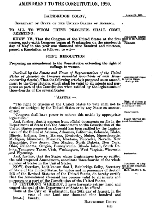 TENNESSEE (August 18, 1920) - 36th state to ratify, giving the amendment the needed 3/4 of 48 statesTennessee thread: https://twitter.com/greggiroux/status/1295573482659622913?s=20U.S. Secretary of State Bainbridge Colby made  #19thAmendment   official 8 days later, on August 26, 1920