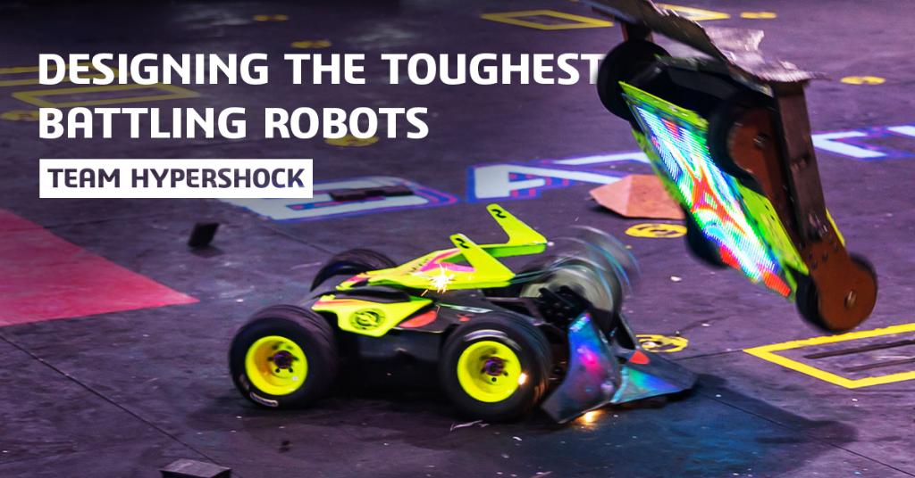 Dassault3DS's tweet image. How do you design a state-of-the-art #battlerobot in just a month? Ask Will Bales and Tyler Bond of @HyperShockTV! go.3ds.com/x5S