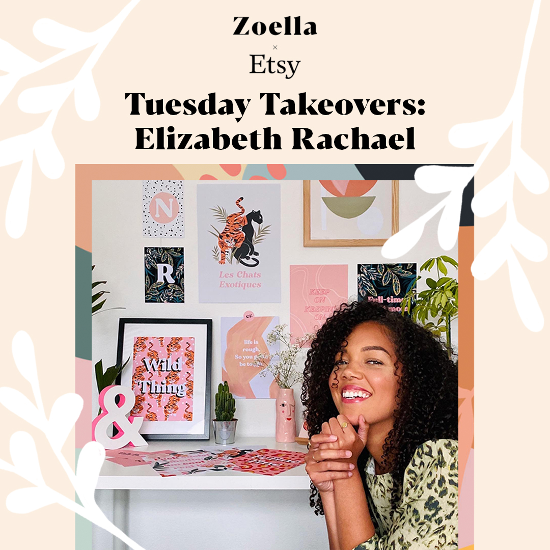 Zoella's tweet photo. We're super excited to introduce you to another one of the fabulous @etsy UK makers from the Zoella X Etsy collaboration! The amazing Elizabeth Rachael will be taking over our IG story all day! Head over there now to ask her a question in her Q&amp;A 💭 https://t.co/PEm5AUdx4G https://t.co/tmvh57dqiD