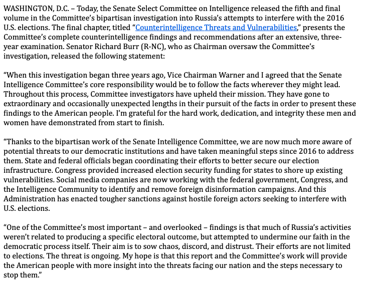 Fmr Intel Comm. Chair  @SenatorBurr:"When this investigation began 3 years ago, Vice Chairman Warner & I agreed that the Senate Intelligence Committee’s core responsibility would be to follow the facts wherever they might lead...Committee investigators have upheld their mission"