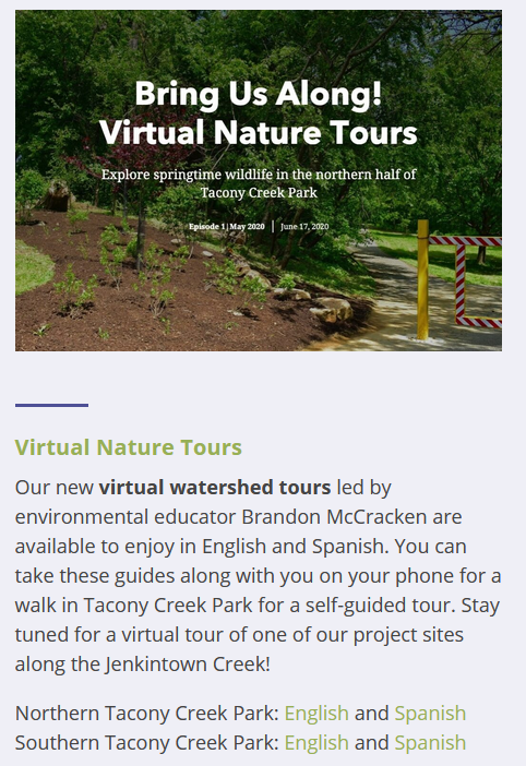 TTFWatershed's tweet photo. The "Bring Us Along!" series is an interactive set of virtual #tours that can act as a companion for a real-world tour, or allow you to explore #nature and #wildlife online from home. Discover #TaconyCreekPark in the first 2 tours: https://t.co/qZMzvw4JfV #discoverTCP https://t.co/hdaouTJJC8