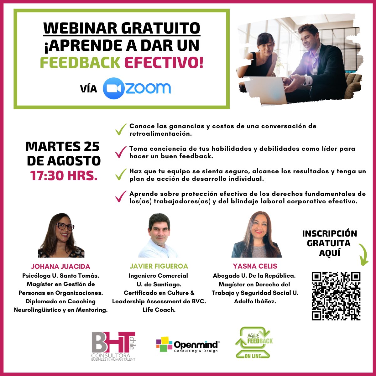¡OTRO IMPERDIBLE🤗! Webinar gratuito: ¡Aprende a dar un feedback efectivo👍🏻!
INSCRÍBETE:
✔️Código QR en imagen. 
✔️Link en BIO de Instagram
✔️O siguiente link: bit.ly/2FtiQ0N
<a href="/Openmind_CD/">Openmind CD</a>