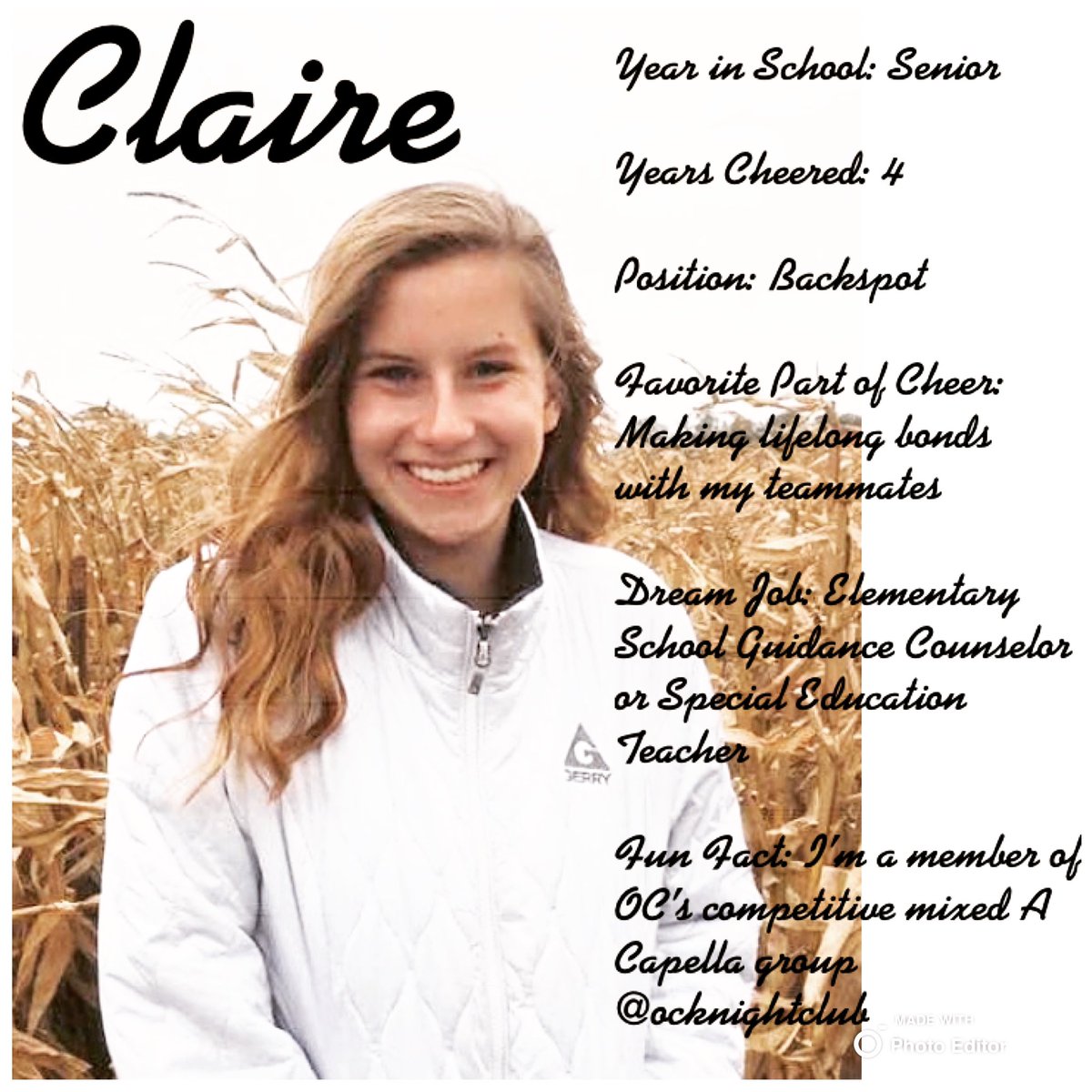 cheer_oc's tweet image. In honor of her first day back to practice, today’s TEAM MEMBER TUESDAY features Claire! #teammembertuesday #backtopractice #weloveourseniors #acapella 🎵