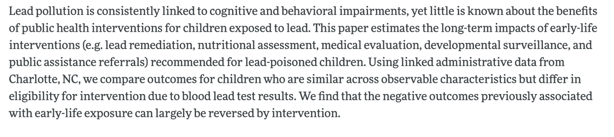 Improving the health and safety of kids in their own homes also reduces later violent crime.E.g. targeted intervention for lead poisoning remediation reduces later violent crime  @KSchnepel  @BillingsEcon  https://www.aeaweb.org/articles?id=10.1257/app.20160056