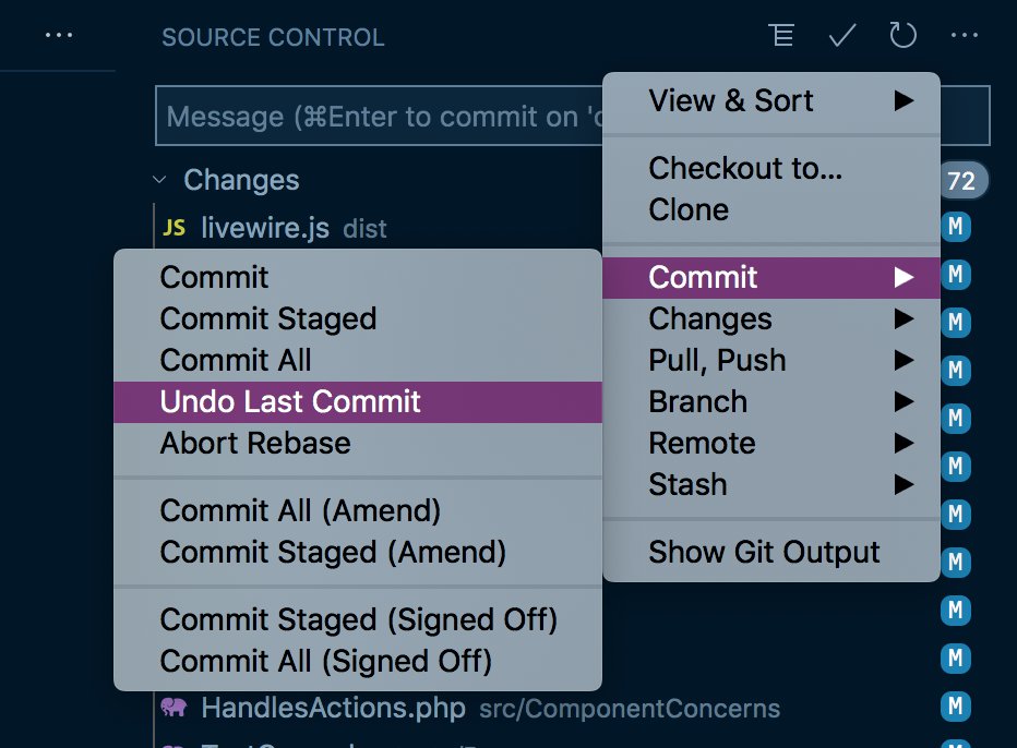 calebporzio's tweet photo. I don't use VS Code's "Git" panel for a lot.

But I LOVE "Undo Last Commit"

As a git command line user, an operation like this typically takes some googling/pasting/breaking things.

Now just a simple click. https://t.co/Wb2eBliLgJ