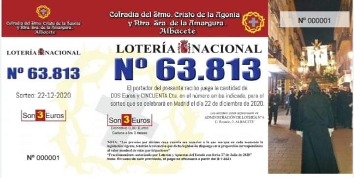 Nos complace comunicaros que ya disponemos de la Lotería de Navidad 2020. Ya podeis adquirirla y compartirlo con vuestras familias y amigos.
Este año más que nunca es muy importante la venta de la lotería para ayudar al sostenimiento de la Cofradía.