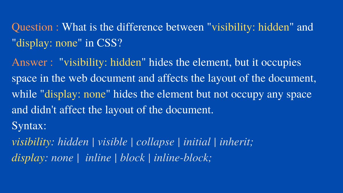 TechPointFunda's tweet image. Question: What is the difference between "visibility: hidden" and "display: none"?
#InterviewQuestionsAndAnswersByTechPointFundamentals
#CSSInterviewQuestionsAndAnswers
#InterviewQuestionsAndAnswers
