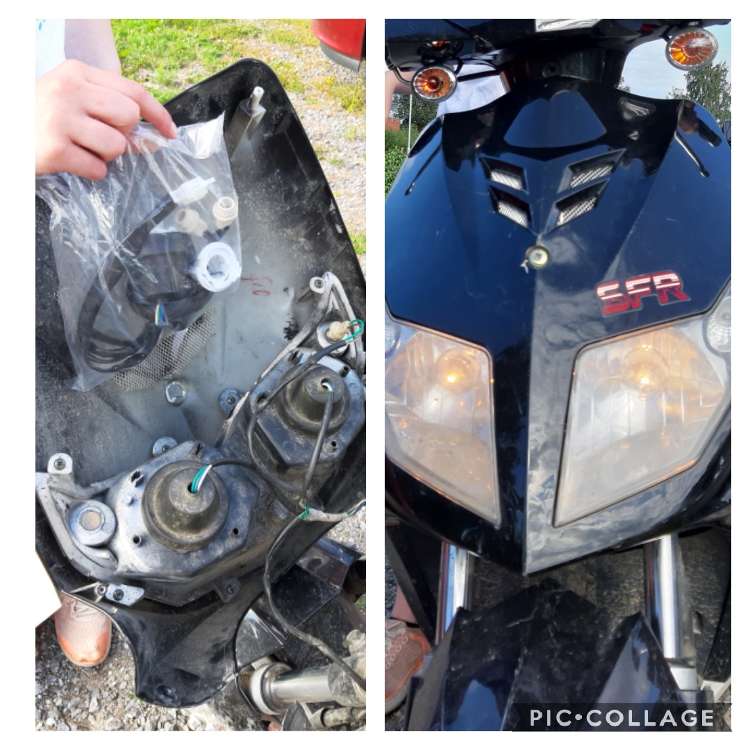 Kun ei ole TalonMiestä niin ite se on värkättävä. Nuan vaan vaihdettiin Neidin kanssa etuvalojen kannat ja johtosarja 🛠