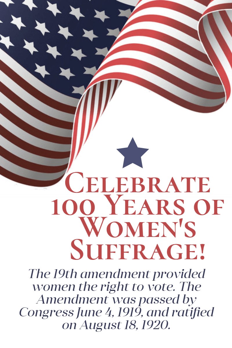 mcfederationdw's tweet photo. Celebrate 100 Years of Women's Suffrage! The 19th Amendment provided women the right to vote. The Amendment was passed by Congress June 4, 1919 and ratified on August 18, 1920. https://t.co/VcPzj0QG6g