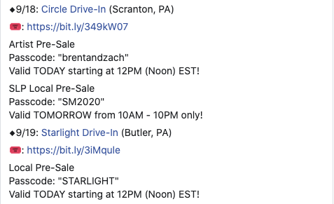slpconcerts's tweet photo. 🚨PRE-SALE ALERT🚨 Want to get EARLY ACCESS to one of our upcoming shows with @SmithAndMyers (of @Shinedown)?! Use the codes / links on the swipe with the times listed to get yours!!!

@stagewest570 @DruskyEnt @CircleDriveIn #StarlightDriveIn https://t.co/Y76Ij323aL