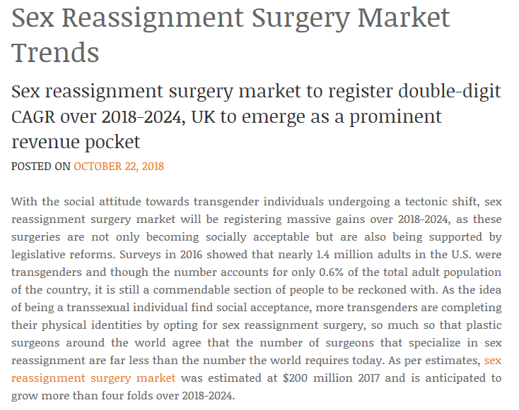 'The UK has also recorded a commendable demand for sex reassignment surgeries with some surgeons being of the opinion that the demand is humongous enough for the island nation to not find enough doctors to perform the surgeries. 'Chop chop. https://gminsights.wordpress.com/tag/sex-reassignment-surgery-market-trends/