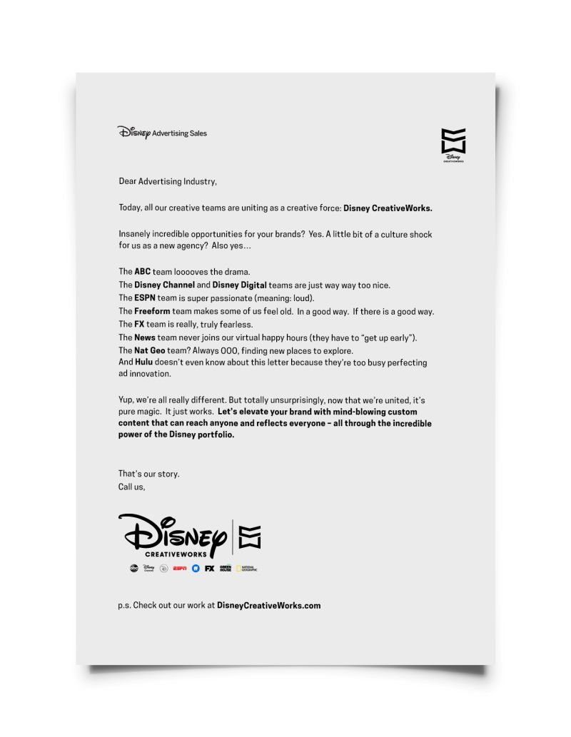 3/8On the other side, you've got gigantic content & distribution powerhouses getting into the agency game, bypassing the industry players & offering brands everything they'd want & more, all tied up with a shiny bow.That's right, please welcome Disney CreativeWorks