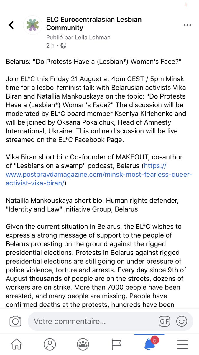 Belarus: "Do Protests Have a (Lesbian*) Woman's Face?"
Join Friday 21 August 4pm CEST 5pm Minsk for a lesbo-feminist talk with Belarusian activists Vika Biran and Natallia Mankouskaya, EL*C board member Kseniya Kirichenko and <a href="/OPokalchuk/">Oksana Pokalchuk</a>, Head of Amnesty International, Ukraine.