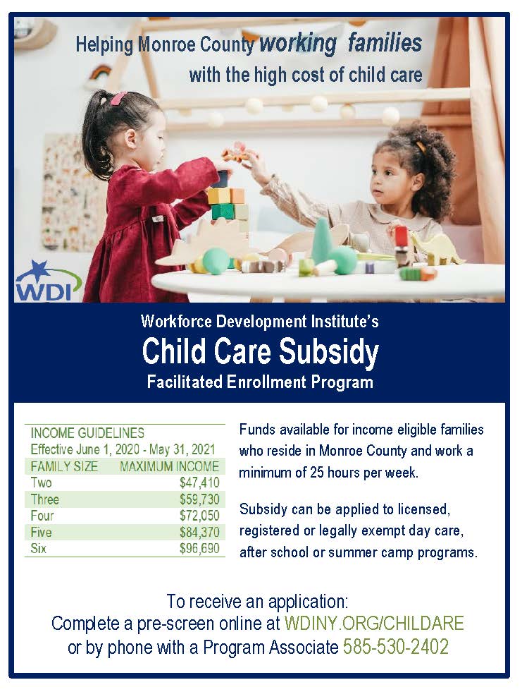 RCSDParents's tweet photo. Many have asked about available childcare supports. Please see the attachments for more info on Workforce Development Institute's childcare subsidy. https://t.co/PTzWXPAqly