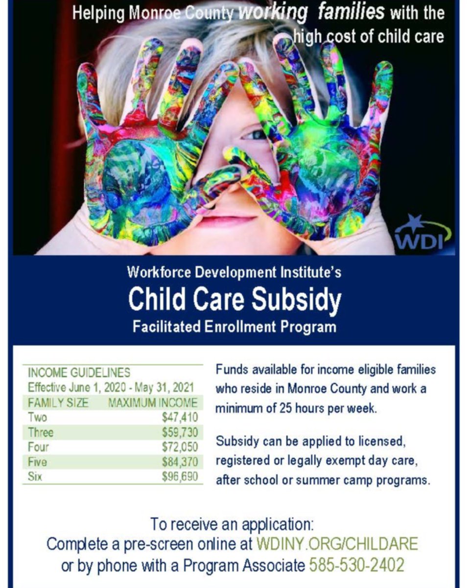 RCSDParents's tweet photo. Many have asked about available childcare supports. Please see the attachments for more info on Workforce Development Institute's childcare subsidy. https://t.co/PTzWXPAqly