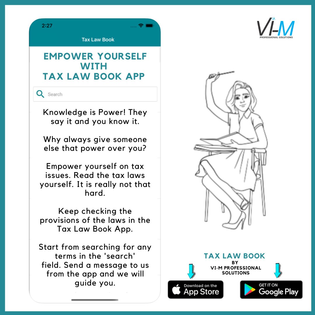Vi_M__'s tweet photo. Read and learn Tax laws at your convenience and boost your confidence in your workplace.

Download our Tax law book app
===
#taxlawbookapp
#ViMProfessionalSolutions
#empoweryourself
@NigerianTaxLady 
@vimtalentassist 
@magnusnmonwu https://t.co/vEnL6vTCp7