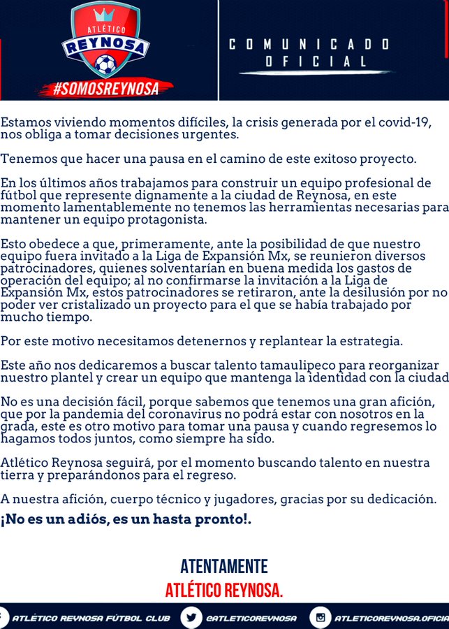 FabioBVMX's tweet photo. Debido a la negativa para entrar a la Liga se Expansión y el contexto que se vive con la pandemia, @AtleticoReynosa anunció que no participara este año en la Liga Premier... https://t.co/BQURmLM2XA