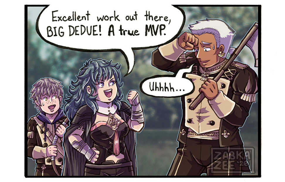 zabkazee's tweet photo. "THAT'S NOT HIS NAME." 💪🛡💩
I swear, it sounds like majority of the cast pronounces his name as "DO-DO." 😭 Regardless enjoy this #dedue-themed #comic on a #deduesday!~
#byleth #dimitri #dimitrialexandreblaiddyd #fireemblem #ashe #fe3h #fireemblem #fe #dedyleth #bydue https://t.co/wDolClY9AJ