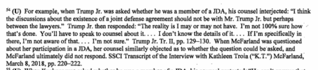 Both Jr and KT McFarland weren't allowed to know by their lawyers that they were in the Trump JDA.