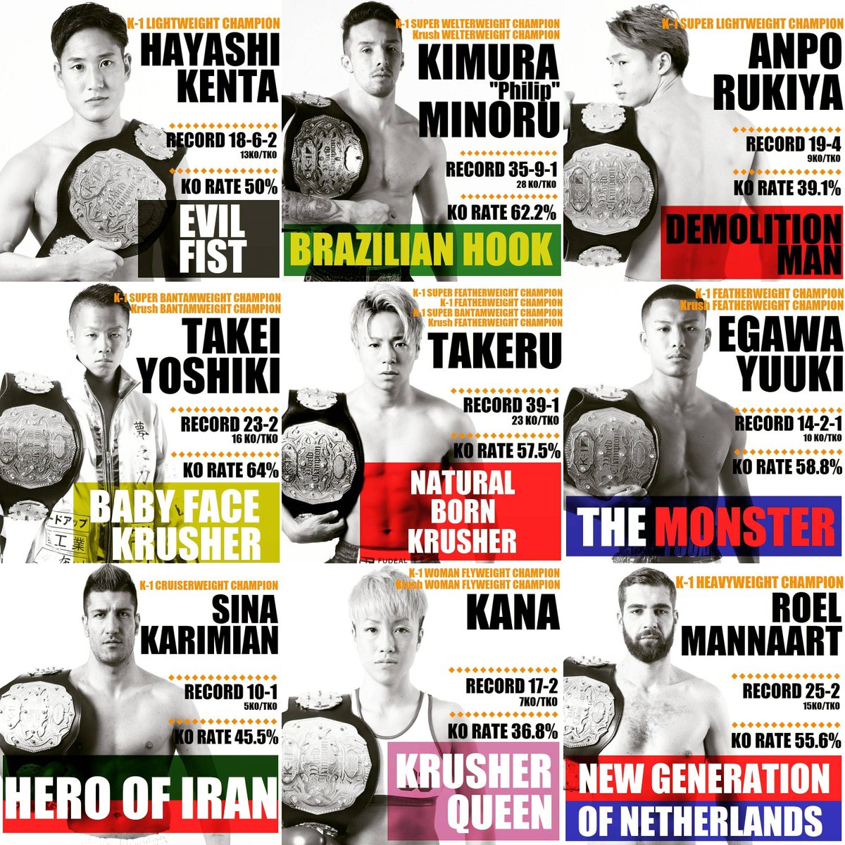 k1wgp_pr's tweet image. 👑K-1 CHAMPIONS

🇯🇵Takei Yoshiki
🇯🇵Egawa Yuuki
🇯🇵Takeru
🇯🇵Hayashi Kenta
🇯🇵Anpo Rukiya
🇧🇷Kimura Philip Minoru
🇮🇷Sina Karimian
🇳🇱Roel Mannaart
🇯🇵Kana

#k1wgp
