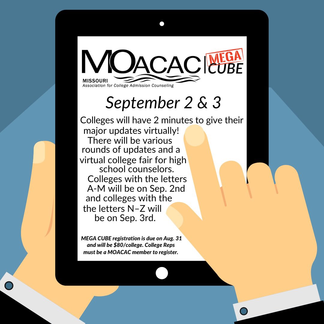 missouriacac's tweet image. Have you registered for #MEGACUBE yet? There’s still time! This is a great opportunity for ANY college or university to give a quick update on things that counselors across Missouri need to know. 🚨LINK IN BIO🚨