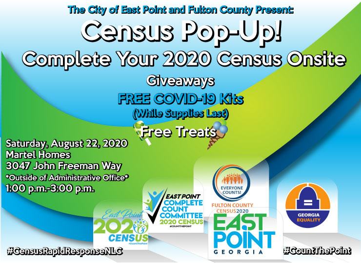 cityofeastpoint's tweet photo. The East Point CCC, @FultonInfo and Georgia Equality will host a Census Pop-Up at Martel Homes this Saturday from 1-3. There will be free giveaways, COVID-19 mask kits and free ice cream! Come out and complete your #2020Census onsite. #CountThePoint. #CensusRapidResponseNLC https://t.co/ytDNHw1eVC