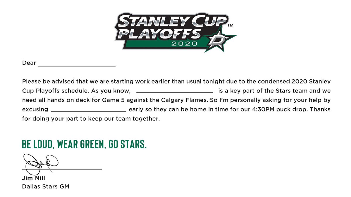 DallasStars's tweet photo. We’re going to need 𝘢𝘭𝘭 of you this afternoon!
If your boss asks, you’ve got somewhere important to be 💁♂️ https://t.co/Zuz9L3Fgx1