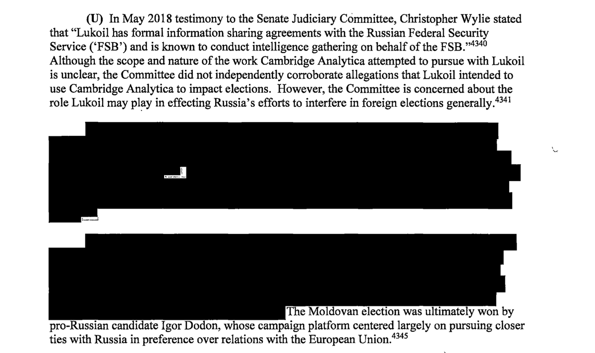 The section on CA/SCL's pitch to Lukoil contains the only major redaction on the investigation into the company. But SSCI was rightly concerned about US voter data and analytics being pitched to a Russian oil company for a "marketing" effort in Turkey.  #SSCIvol5  #TheGreatHack