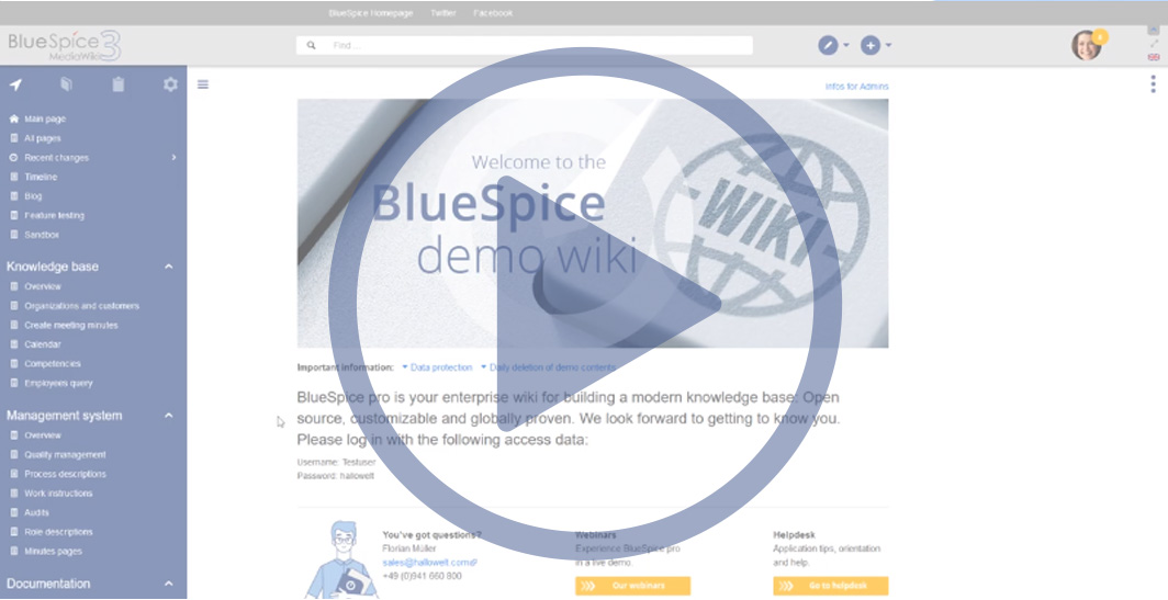 BlueSpiceTweets's tweet photo. Thinking about a better tool for your knowledge and collaboration environment? #BlueSpice is a no-fuss knowledge management system based on #MediaWiki. Have a look: https://t.co/W3hZhaqSZV

Find more screencasts and tutorials at our #YouTube #channel: https://t.co/mSSDaKBOvQ https://t.co/NOX7wwn4Qk