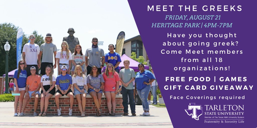 TarletonCLSO's tweet photo. Join us this Friday at Meet the Greeks in Heritage Park 4-7pm. There will be representatives from all three councils and 18 organizations so you can find the right fit for you! #Tarleton24 #Tarleton2024 #GoGreek https://t.co/p7mfAKIqzL
