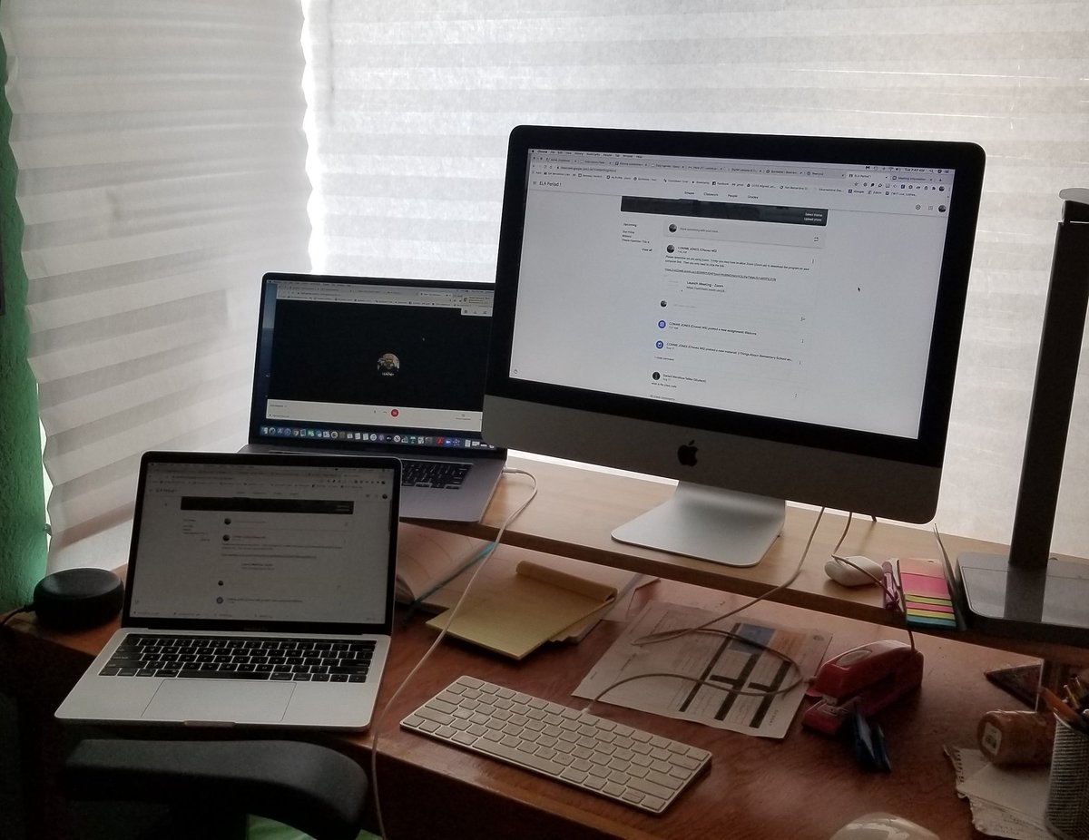 conniej100's tweet photo. This is how I start my day: one computer to run the zoom, one computer to see the students watching the zoom, and one computer to watch the chat on Google Classroom stream to see if there are students who need help. https://t.co/vk7WyRvTRz