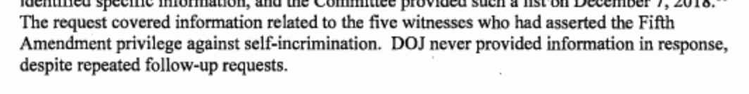 SSCI tried to get FBI's files on the five people who invoked 5A, but DOJ (after saying it would comply) did not.