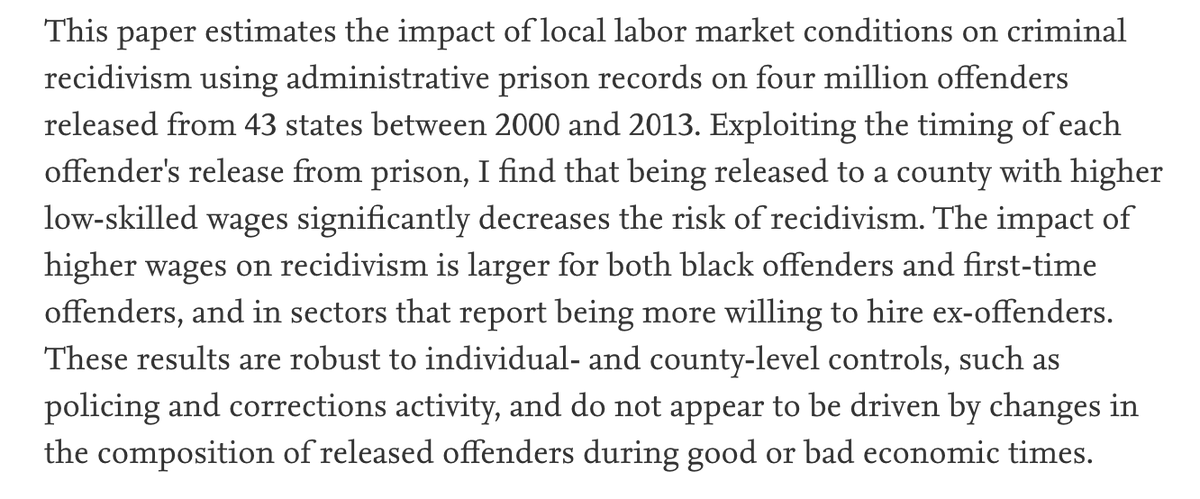 Likewise, mitigating the negative economic consequences of leaving prison in a local context of lower wages can reduce violent crime: https://www.sciencedirect.com/science/article/abs/pii/S0047272716302067?via%3Dihub
