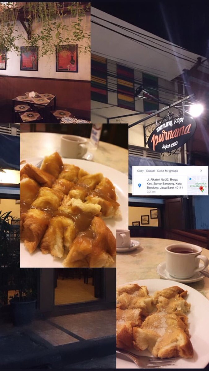 - Warung Kopi Purnama Warung kopi ini berdiri sejak tahun 1930 loh! Cocok banget tempatnya buat ngobrol santai gitu. Oiya aku disini pesan Roti Selai Srikaya (Rp 18.000), Roti Pindekaas Gula (Rp 17.000) dan minumnya Teh manis panas (Rp 5.000). Enak dan murah guys. Must try!