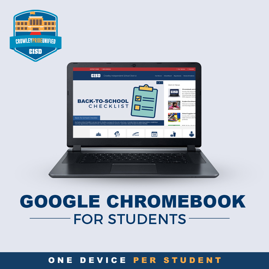 CrowleyISD's tweet photo. CISD will provide a Chromebook computer for each student. Families must first register for the new school year and provide their student’s ID number on the Device Request Form. Devices will be distributed via drive-thru at all CISD campuses. https://t.co/OJBji0yCg9 https://t.co/xeqraTldbi