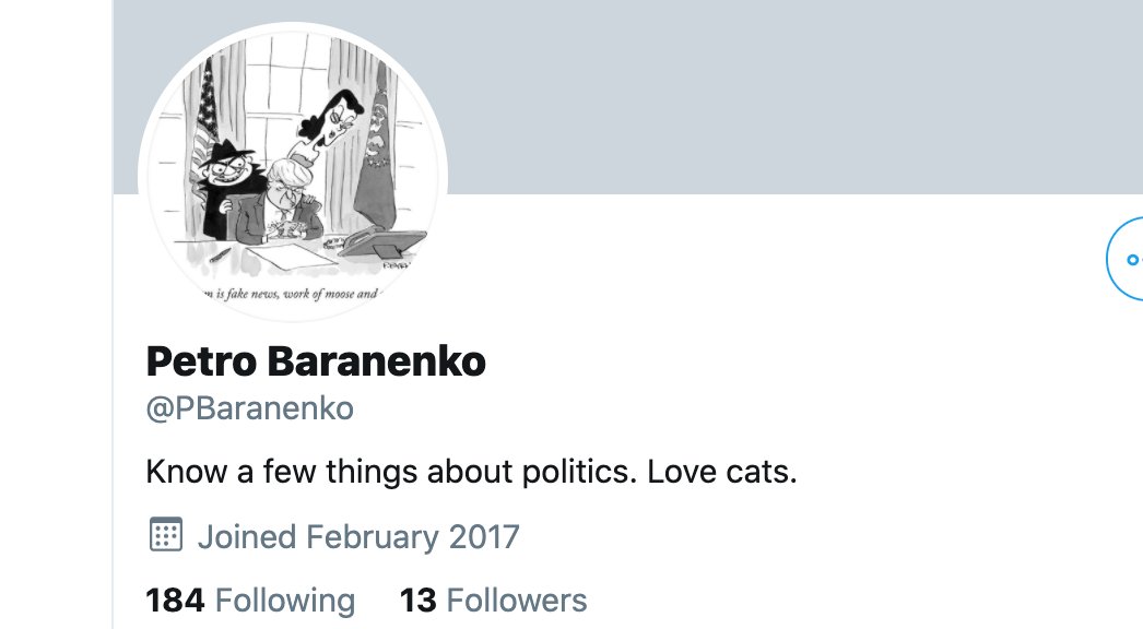 omg, per the Senate Intel, this is Konstantin Kiliminik's burner account, which is still (quite) active & only has 13 followers. https://twitter.com/PBaranenko&nbsp;