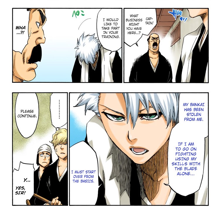 Toshiro lui après la première invasion où ils se font voler leur Bankai, il va s'entraîner avec un groupe de Shinigami, il s'entraîne au maniement du sabre.