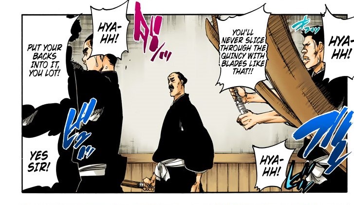 Toshiro lui après la première invasion où ils se font voler leur Bankai, il va s'entraîner avec un groupe de Shinigami, il s'entraîne au maniement du sabre.