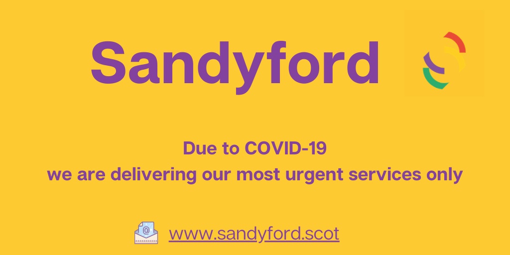 We are delivering our most urgent services 
<a href="/SandyfordNHSGGC/">Sandyford Sexual Health Service</a> by appointment only due to COVID-19. You can call 0141 211 8130 to discuss your needs and if necessary, make an appointment. 
More info 👉ow.ly/XlN450AZtDa