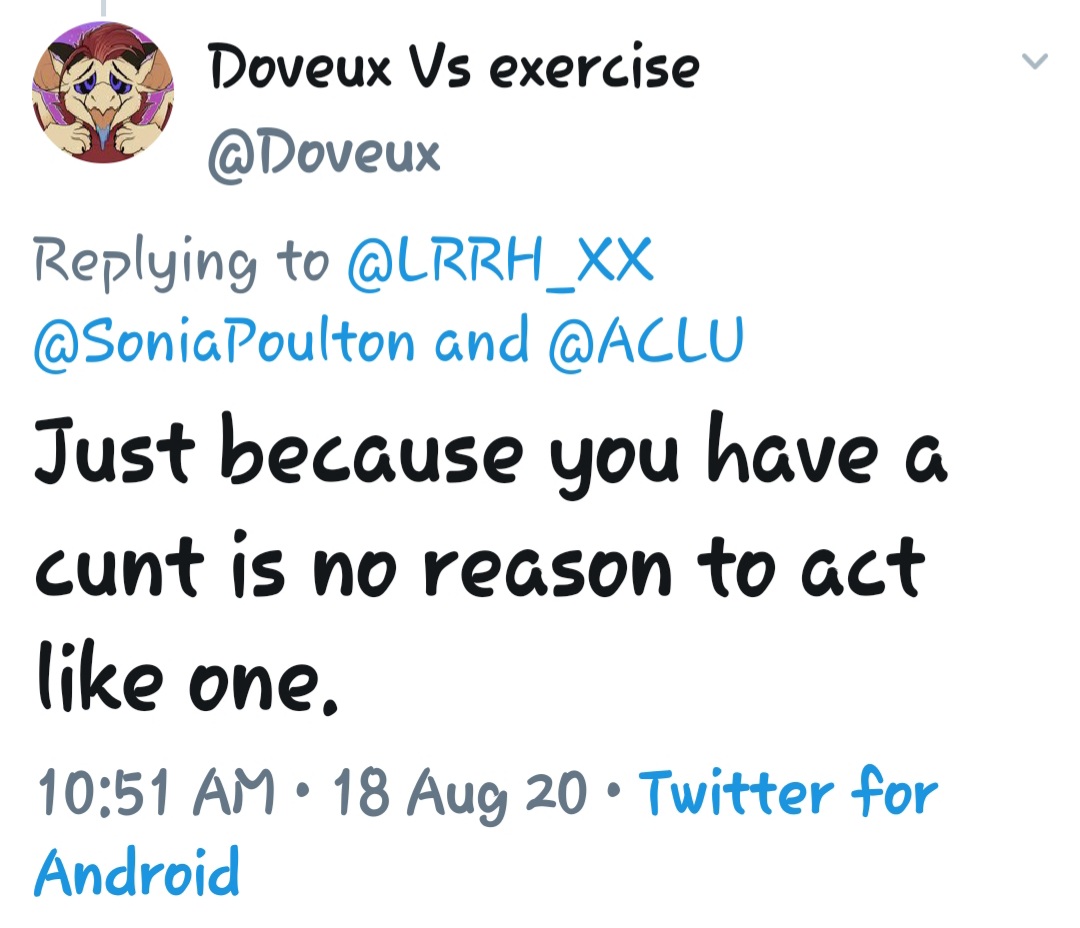 LittleRedRad's tweet photo. @Doveux @SoniaPoulton @ACLU Aww, come on now @Doveux, if you're gonna be a disgusting misogynist at least have the balls not to delete the post!
#TransRightsAreMensRights
#itstimetotakeouttheTRAsh https://t.co/Qn53BQHX1z