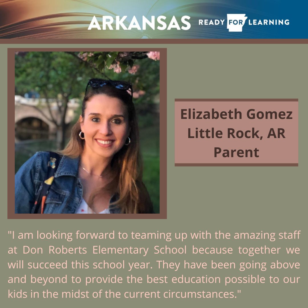 ArkansasEd's tweet photo. Elizabeth Gomez, a Little Rock parent, is #Ready4Learning and cannot wait to work with her child’s teacher and the staff at Don Roberts Elementary this school year! #ARStudentFocused #Together4AR https://t.co/uqjTB9aG0E