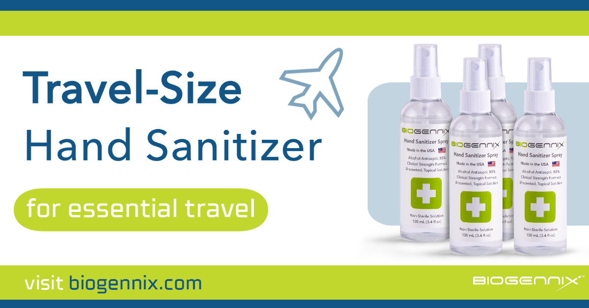Boarding a plane soon? Biogennix hand sanitizer is available in 3.4 oz. (100 ml) bottles that fit in your pocket and deliver a gentle mist of quick-drying, hospital-grade sanitizer! Shop now on biogennix.com. #essentialtravel #cleanhands #beatcovid19