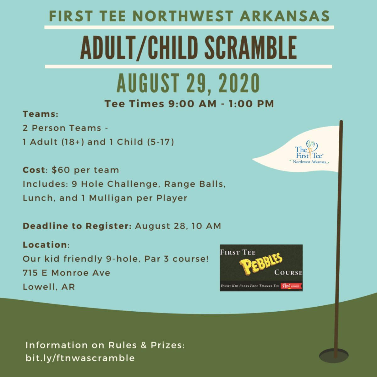 FirstTeeNWA's tweet image. We are excited to share that we will be hosting our first ever Family Scramble on Saturday, August 29th. Cost is $60 per team of 1 adult and 1 child and includes the 9 Hole Challenge, Range Balls, Lunch, and 1 Mulligan per player. Go to bit.ly/ftnwascramble for more info! ⛳️