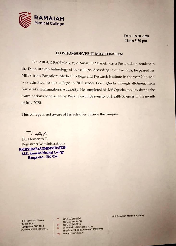 So Dr. Abdul Rahman, 28 years, is working as an Ophthalmologist at reputed M.S. Ramaiah Medical College, Bangalore.The case was initially registered by Delhi Police Special Cell in March, 2020, after the arrest of couple Jahanzaib Sami Wani and his wife Hina Bashir Beigh.