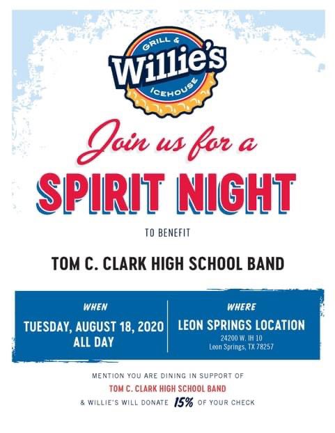 Spirit Day at Willie's Grill &amp; Icehouse today from 11am to 10pm!

All you have to do is mention Clark Band when you visit and order from Willie’s and 15% of the sale will go to support our Mighty Cougar Band.
In person only, call in orders or curbside!