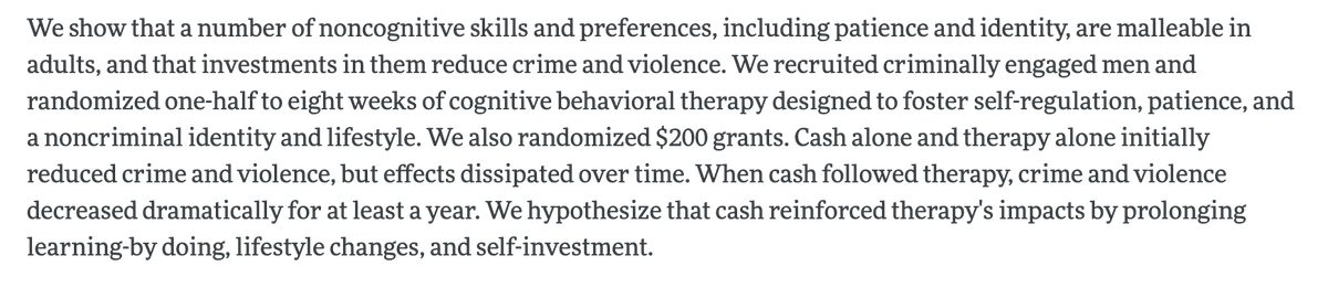 Short-term financial assistance may be more effective at reducing violent crime when coupled with support for social/emotional capital development  @cblatts : https://www.aeaweb.org/articles?id=10.1257/aer.20150503