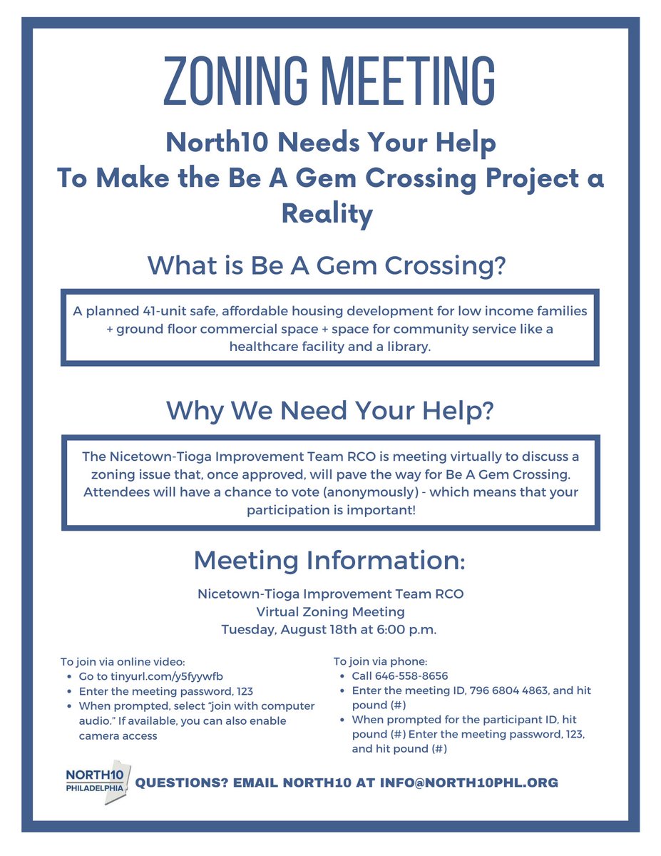 Reminder to attend the Nicetown-Tioga Improvement RCO virtual meeting TODAY at 6 pm to cast your #vote on an important #zoning issue. We need your help to make the Be A Gem Crossing development project a reality!  All details ⬇️