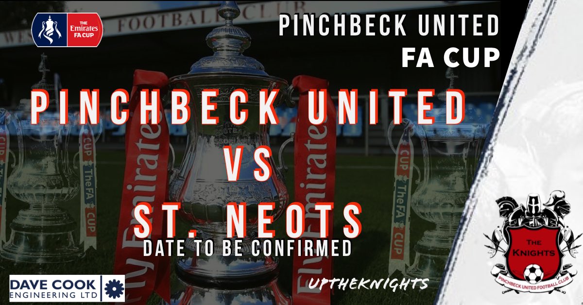 PinchbeckUnited's tweet photo. ๐ FA CUP DRAW
The Knights have been drawn a HOME Tie to @StNeotsTownFC in the FA Cup
Date to be confirmed as Spalding United also have a home Tie.
@FACupWembley
๐ดPUFC | โ๏ธUptheKnights | #Homedraw https://t.co/APkA6OWq6F