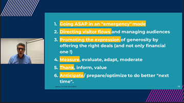 1. Go into emergency mode ASAP2. Direct online visitors & manage audiences - how and where can they give?3. Promote the expression of generosity by offering the right deals - how can you use natural reaction (eg praying response)? @zefred  #ArtsSummit